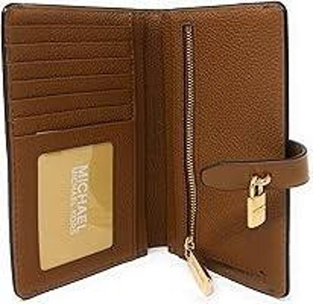 NWT Michael Kors Adele Slim Bifold Wallet Luggage Brown Pebbled Leather Gold